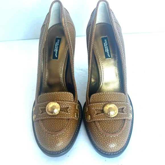 NWOT Dolce‎ & Gabbana Brown Leather Embellished Loafer Block Heel Pumps Sz 6.5
